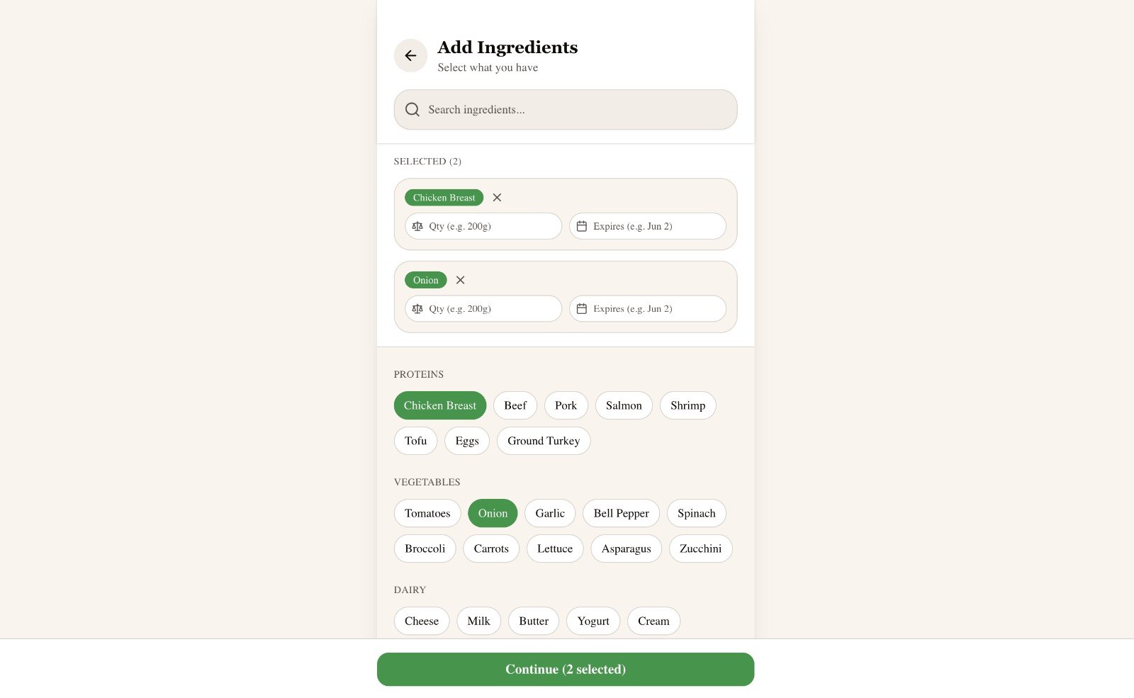 Add Ingredients screen with category chips for proteins, vegetables, and dairy, with two ingredients already selected.