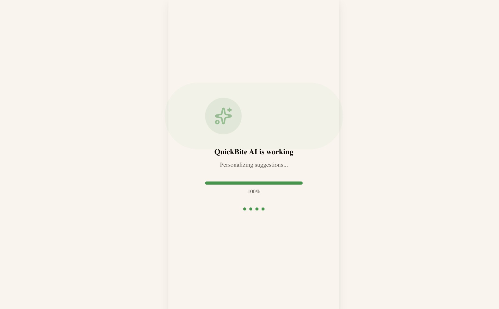 QuickBite AI is working screen with a personalizing suggestions message and a loading indicator.