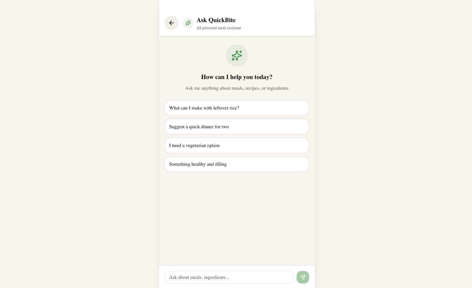 Ask QuickBite AI-powered meal assistant screen with prompt chips and a chat input.