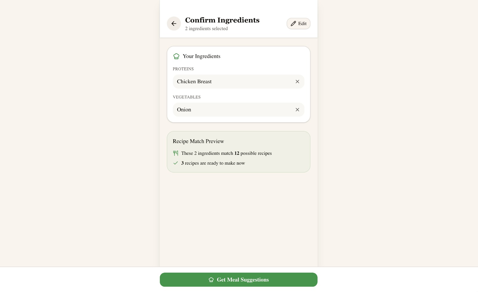 Confirm Ingredients screen with a recipe match preview showing two ingredients match twelve possible recipes.