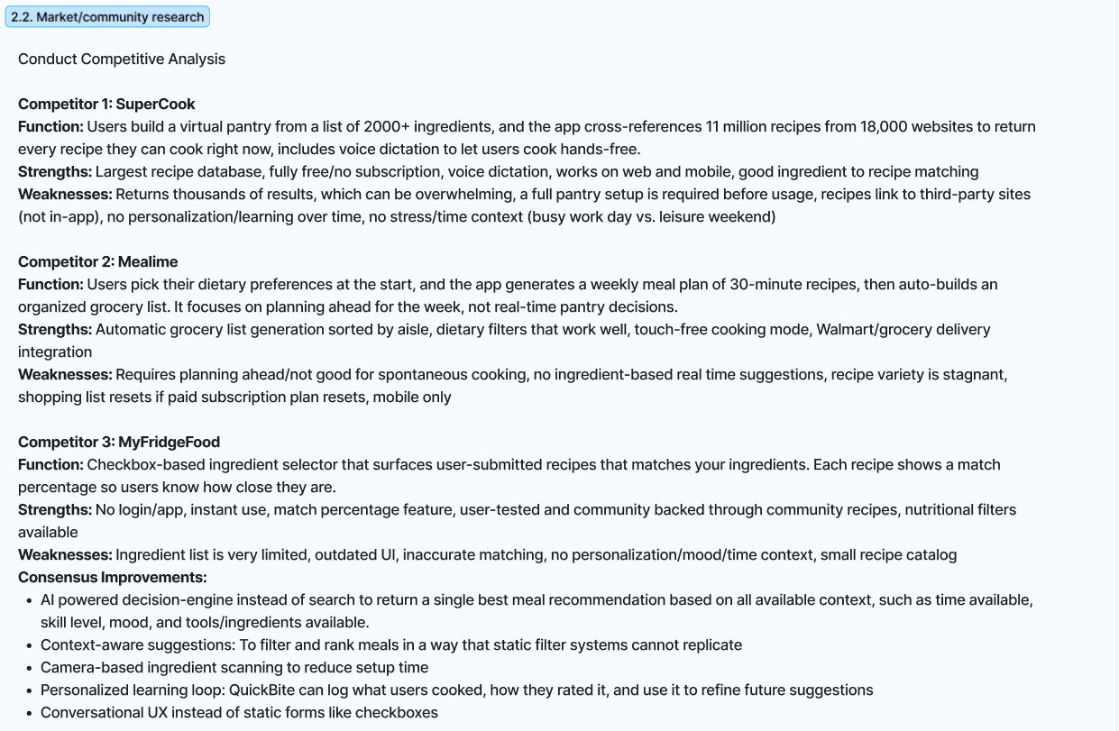 Detailed competitive analysis of SuperCook, Mealime, and MyFridgeFood with functions, strengths, weaknesses, and consensus improvements.