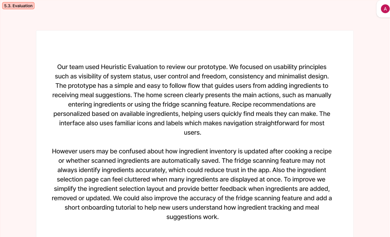 Heuristic evaluation paragraph reviewing the prototype against principles like visibility of system status, user control, and minimalist design, with identified improvements including pantry update clarity and simpler ingredient selection.