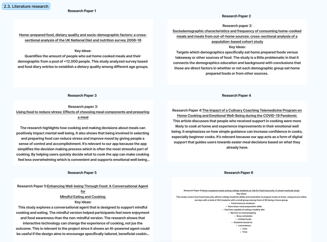 Summaries of six research papers spanning home cooking dietary quality, sociodemographic factors, stress and meal preparation, culinary coaching during COVID-19, conversational agents for mindful eating, and food insecurity among college students.