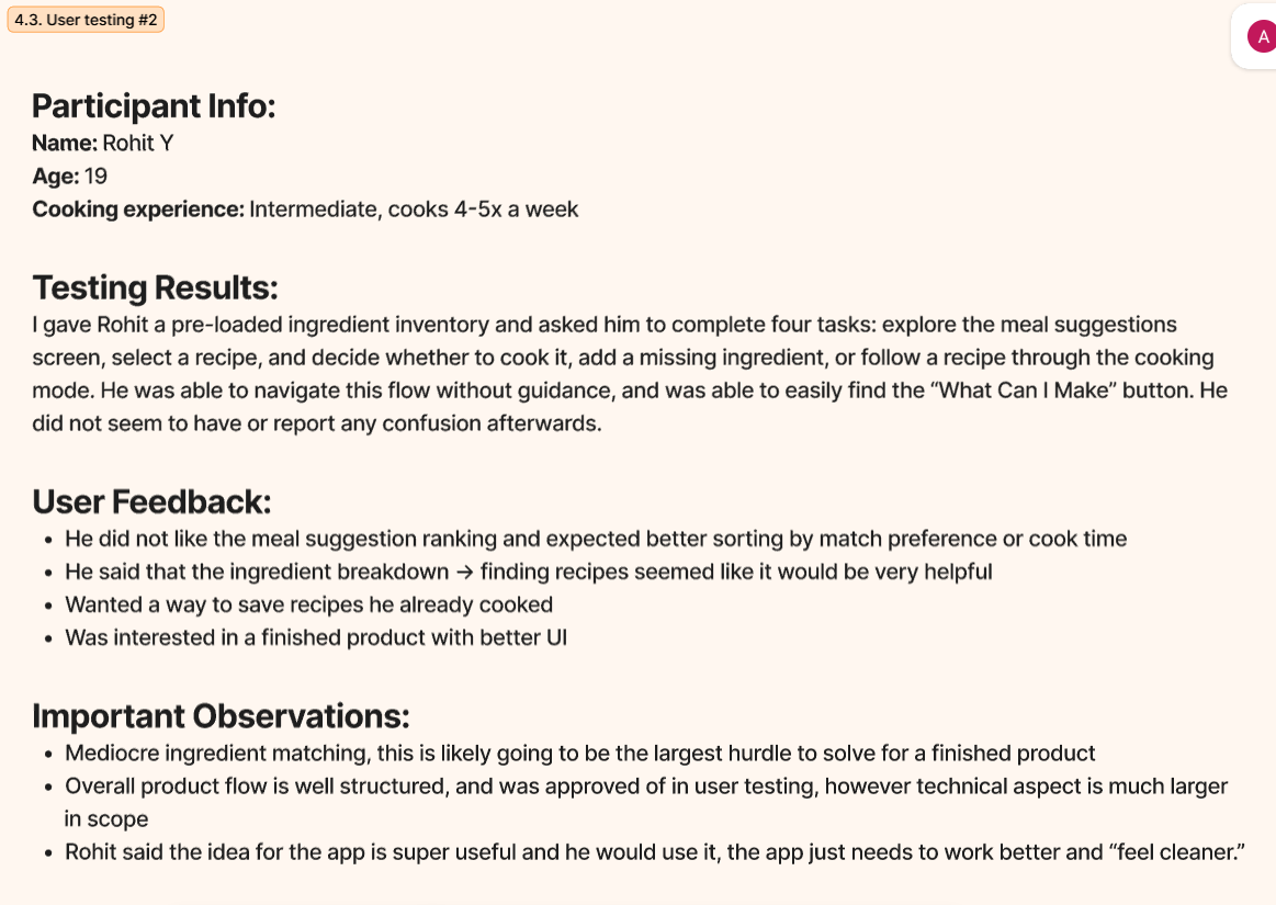 Detailed write-up of user testing session two with Rohit, age 19, intermediate cook. Includes testing results, user feedback, and important observations.