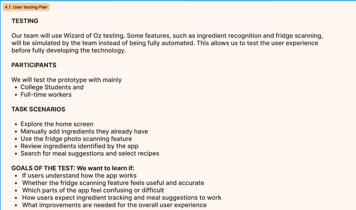 User testing plan: Wizard of Oz testing, college students and full-time workers as participants, task scenarios including exploring the home screen and using the fridge scanning feature, and learning goals.