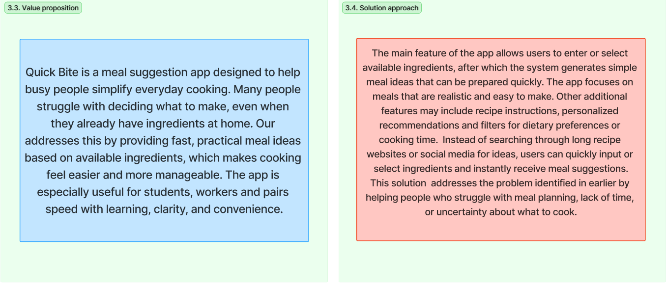 Value proposition and solution approach written as two paired statements: a meal suggestion app for busy people, and a system that turns ingredients into realistic meal ideas.