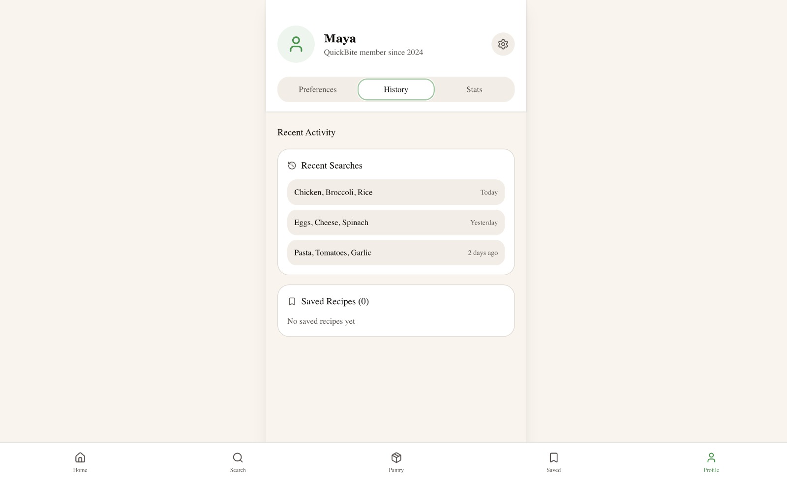 Profile History tab showing recent searches and saved recipes count.