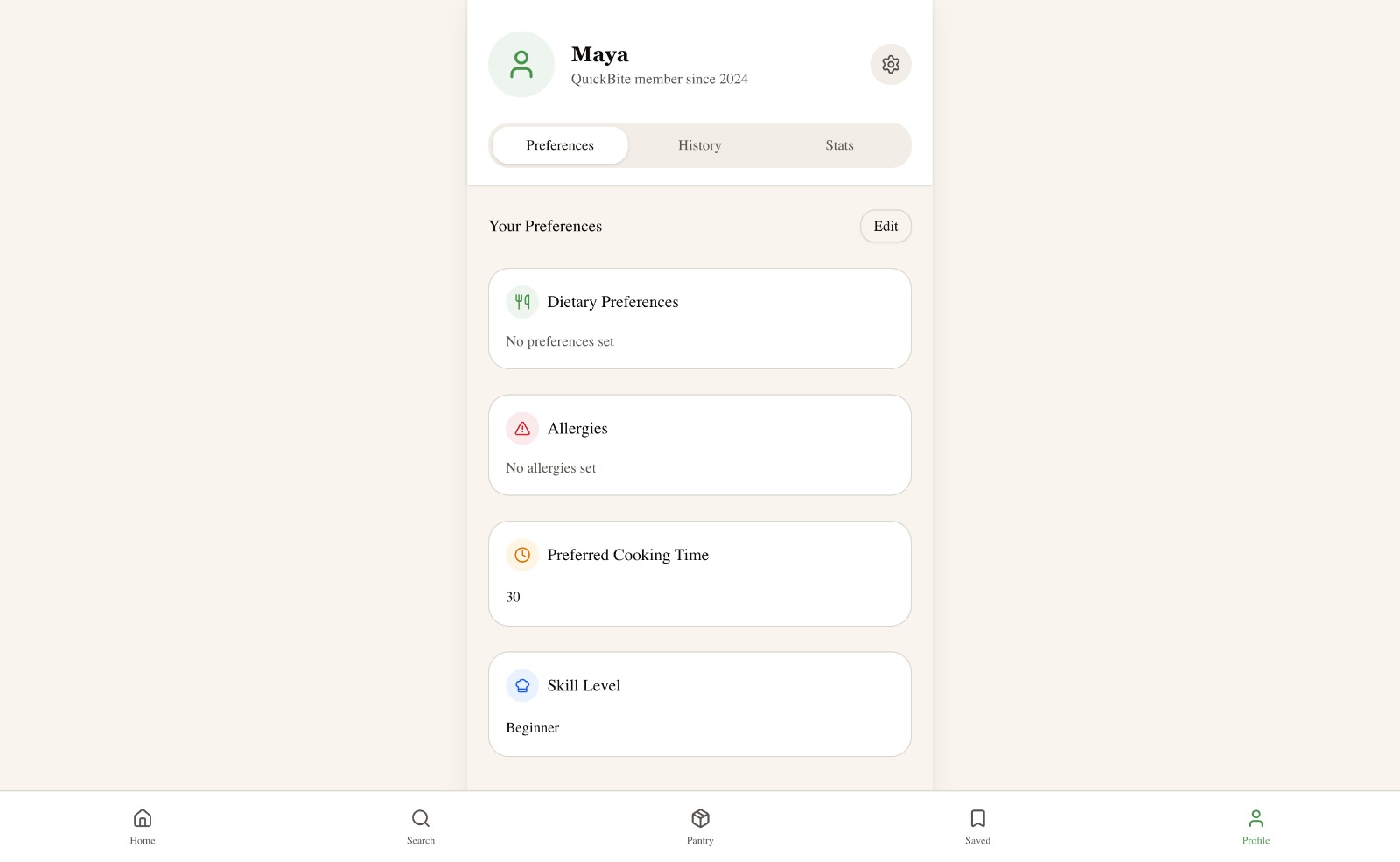 Profile Preferences tab showing dietary preferences, allergies, preferred cooking time, and skill level.