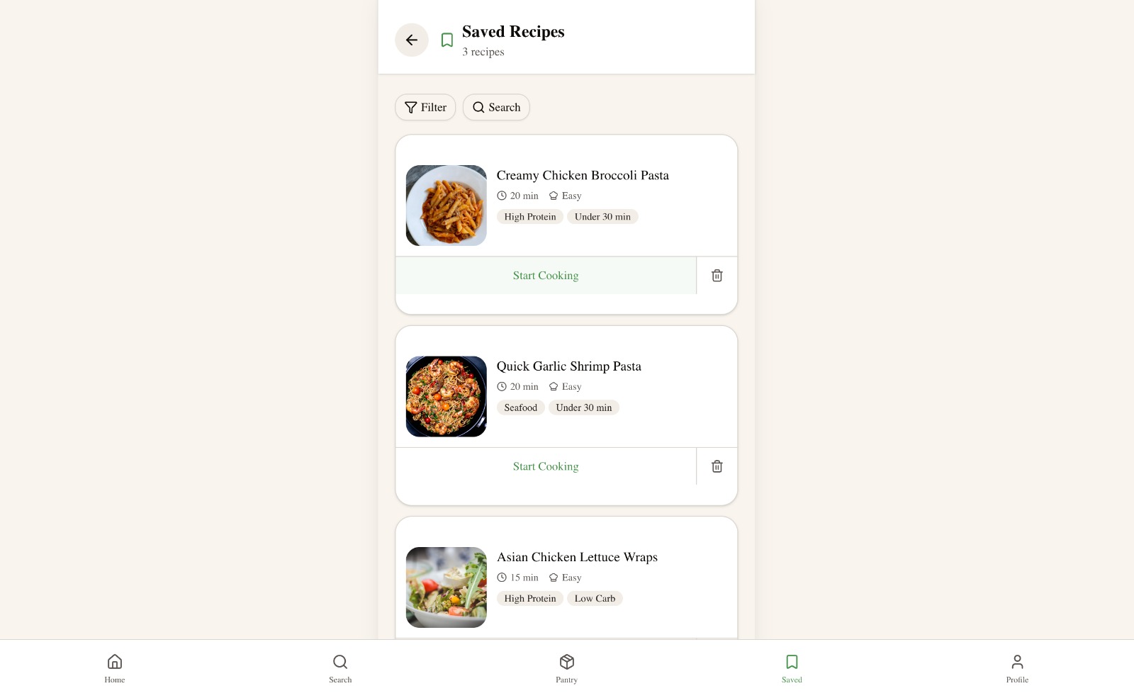 Saved Recipes screen with three saved recipes, each showing a thumbnail, time, difficulty, and a Start Cooking action.