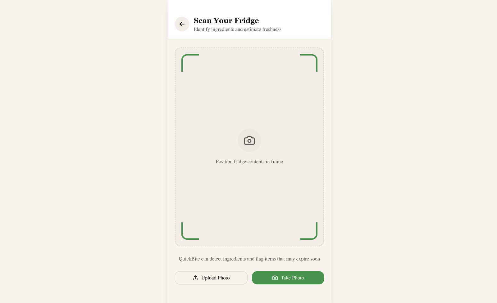 Scan Your Fridge camera interface with framing guides for fridge contents.