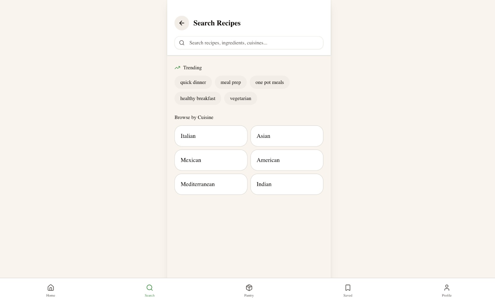 Search Recipes screen with trending topics and cuisine browse tiles.
