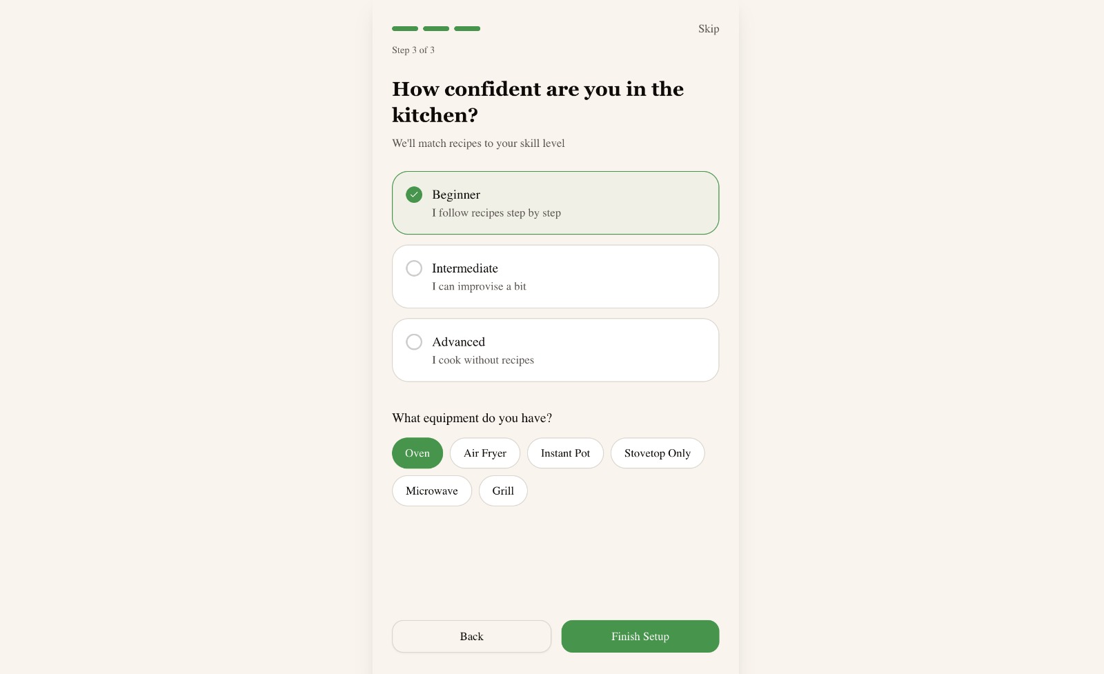 Onboarding screen asking how confident the user is in the kitchen and what equipment they have.