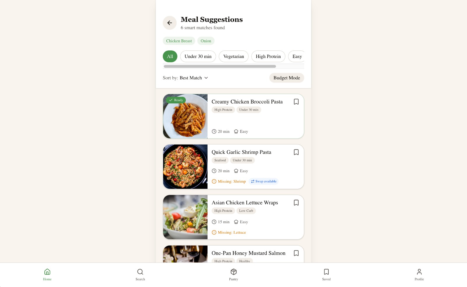 Meal Suggestions screen showing six smart matches with filter chips, sort by best match, and recipe cards with ready badges, missing ingredients, and swap availability.