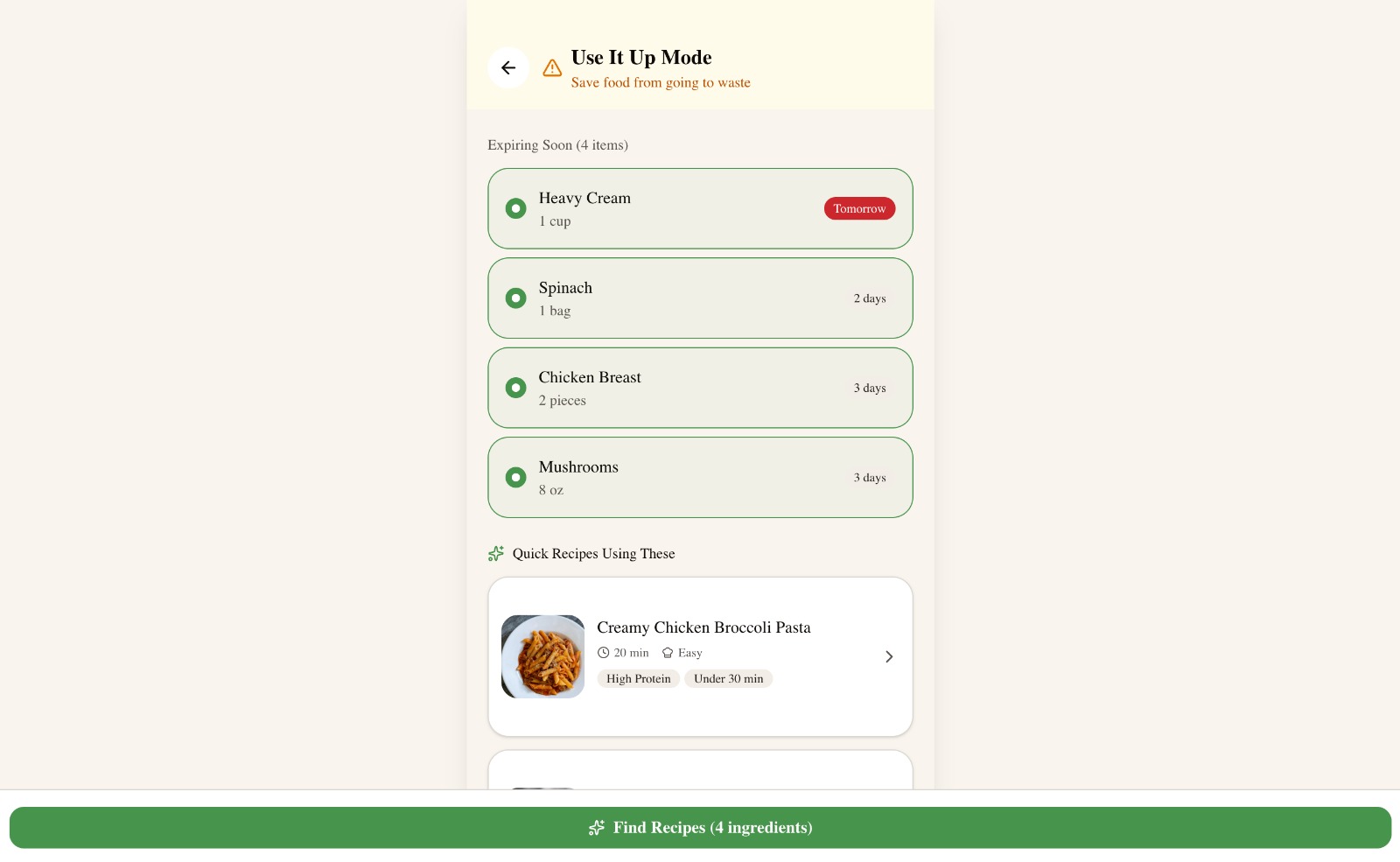 Use It Up Mode screen showing four expiring items with days until expiration and quick recipes using those items.
